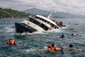 empat orang tewas dan puluhan lainnya hilang setelah kapal feri tenggelam di perairan dekat bali, indonesia. operasi pencarian dan penyelamatan sedang berlangsung.