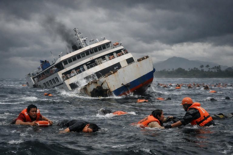 empat orang tewas dan puluhan lainnya hilang setelah kapal feri tenggelam dekat bali, indonesia. upaya pencarian dan penyelamatan terus dilakukan untuk menemukan korban yang hilang.