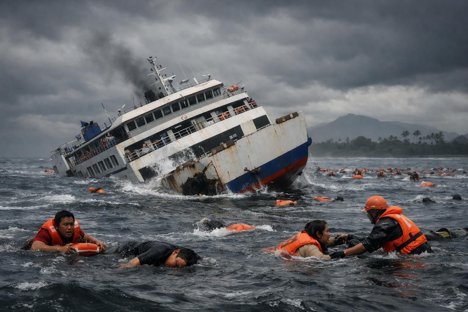 empat orang tewas dan puluhan lainnya hilang setelah kapal feri tenggelam dekat bali, indonesia. upaya pencarian dan penyelamatan terus dilakukan untuk menemukan korban yang hilang.