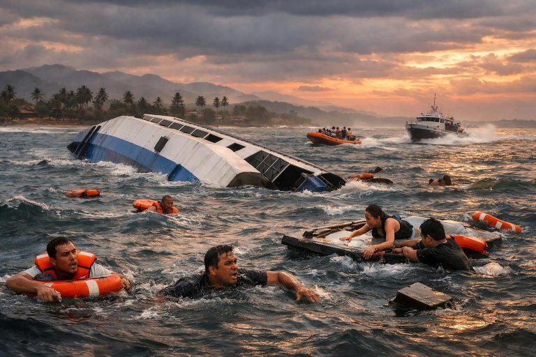 empat orang meninggal dan puluhan lainnya hilang setelah kapal feri terbalik di perairan bali, menyebabkan operasi pencarian besar-besaran.